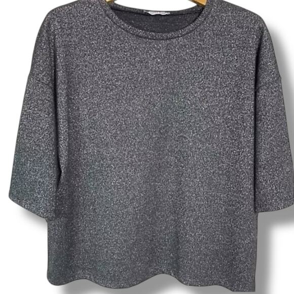 Zara Trafaluc Sparkle Metallic Top Sz Medium Black Silver 3/4 Sleeve Coquette - Picture 2 of 7